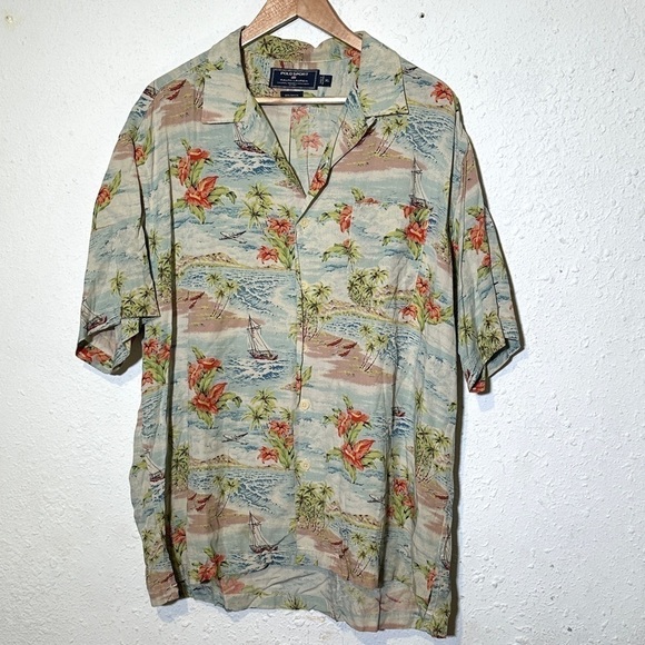 Polo Sport By Ralph Lauren Hawaiian Print Button Front Short Sleeve Top Sz XL M - Picture 1 of 12